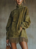 Rochie din Suede Sintetic cu Guler înalt și Dantelă