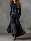Lorena – Rochie lungă vintage din ante cu carouri bleumarin (include curea)