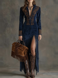 Valentina – Rochie lungă stil western cu jumătate de fermoar, broderie și franjuri